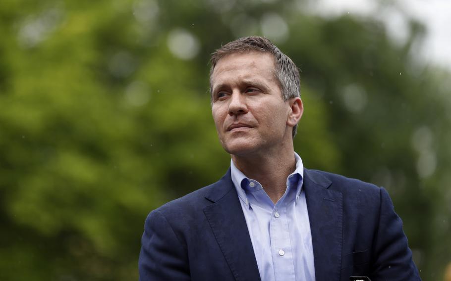 Then-Missouri Gov.  Eric Greitens attends an event near the capitol in Jefferson City, Mo. on May 17, 2018. Greitens' ex-wife has accused him of physical abuse, according to an affidavit filed Monday, March 21, 2022, in the former couple's child custody case in Missouri.